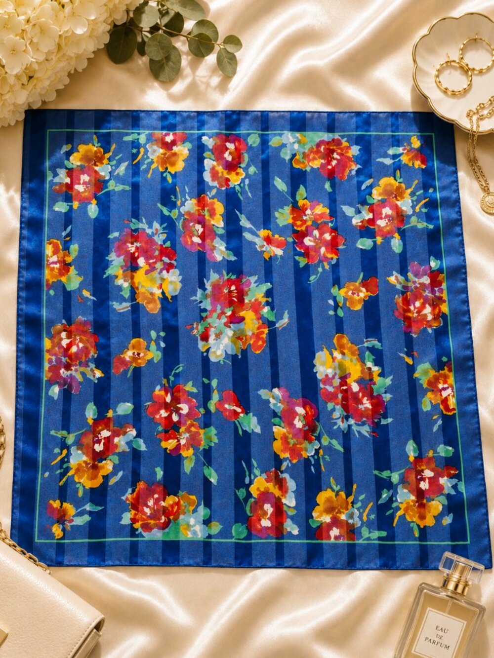 Made in Italy Blue Floral Stripe Square Scarf 30" Silken Polyester
